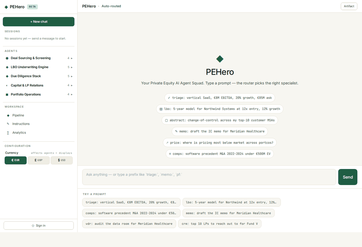 PEHero product tour — chat, pipeline, analytics